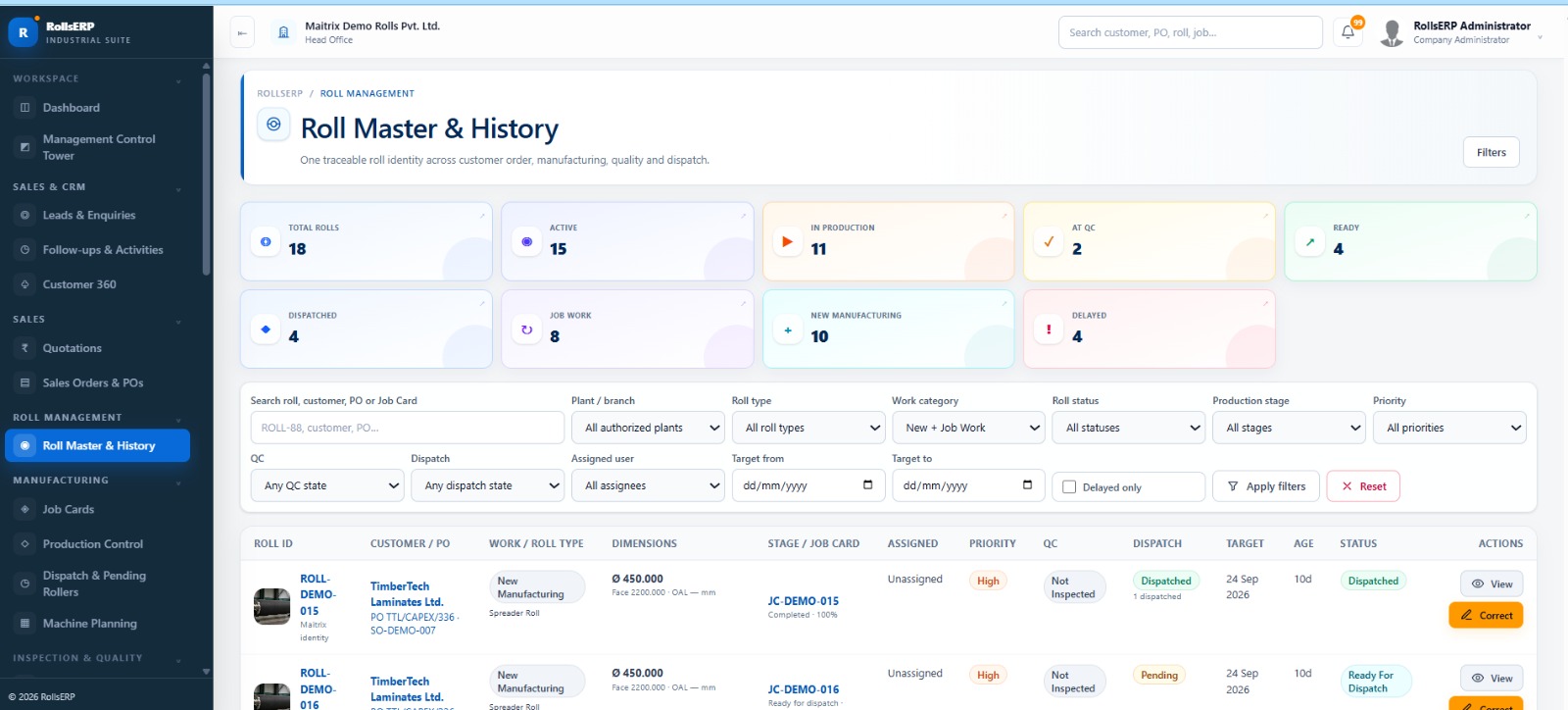 RollsERP Job Card screen